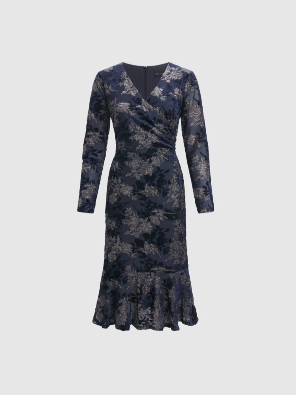 London Times Petite Surplice Burnout Floral Velvet Midi Dress, Navy/Silver, 14P